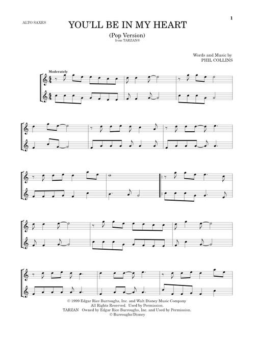 You'll Be In My Heart (Pop Version) (from Tarzan) (Arr. Mark Phillips) - Phil Collins (Alto Saxophone Duet)