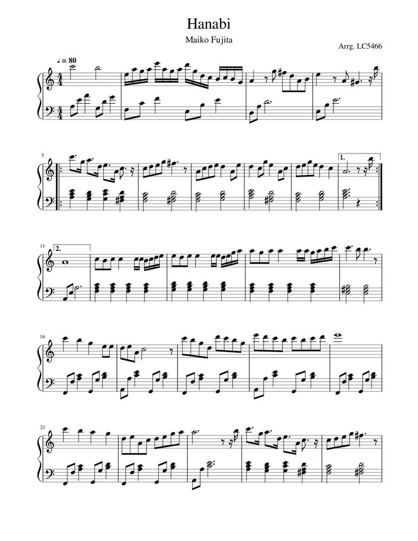 Hanabi (Fireworks) Sheet Music for Piano (Solo) | MuseScore.com