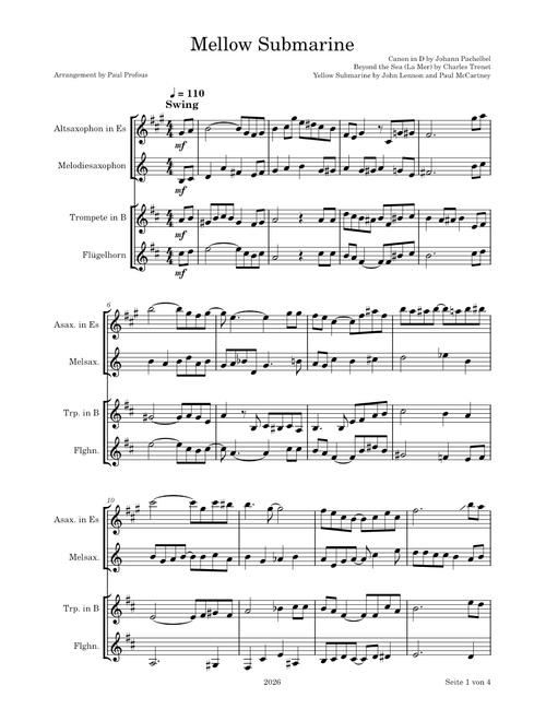 Mellow Submarine - The Beatles, Arrangement for wind quartet by Paul Profous