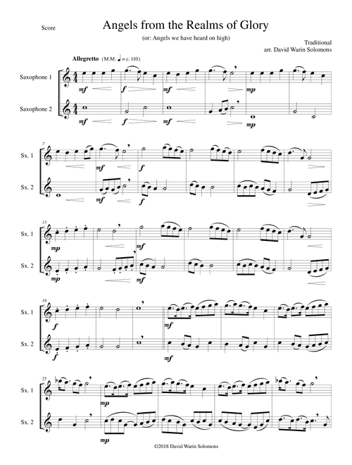 Variations on Angels from the realms of glory (or Angels we have heard on high) for saxophone duo (Arr. David Warin Solomons) - Traditional (Saxophone Duet)