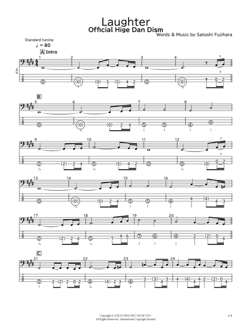 Laughter (Arr. bassscore.masspro) - Official Hige Dan Dism (Bass Tab)