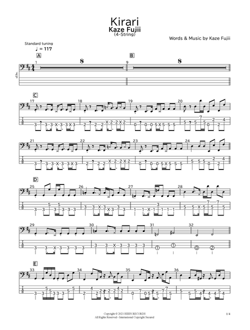 Kirari (Arr. bassscore.masspro) - Kaze Fujii (Bass Tab)