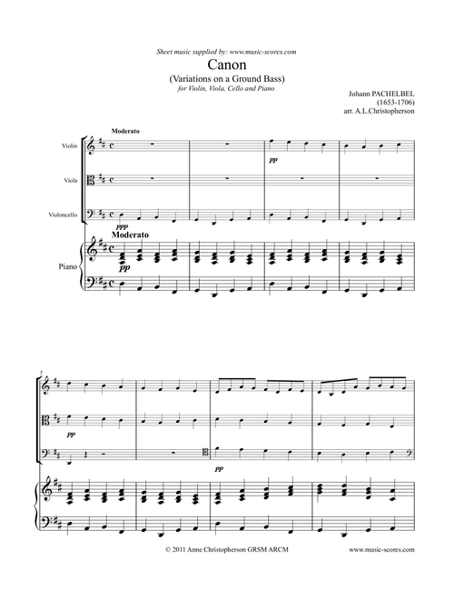 Pachelbel's Canon - String Trio and Piano (Arr. Anne L Christopherson GRSM ARCM) - Pachelbel, Johann (String Ensemble)