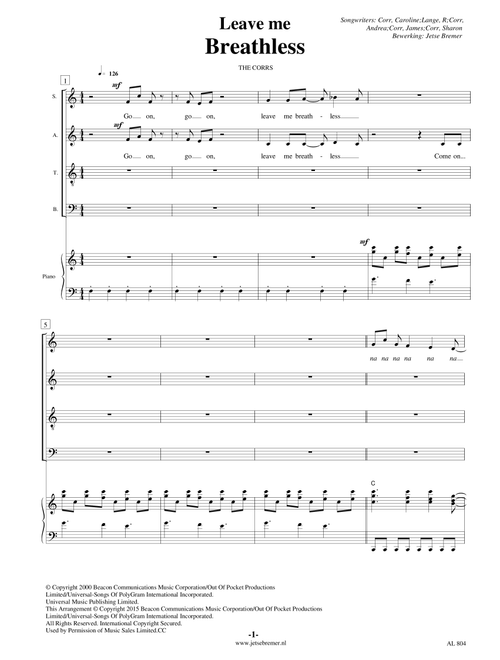 Breathless (Arr. Jetse Bremer) - The Corrs (Choral, SATB)