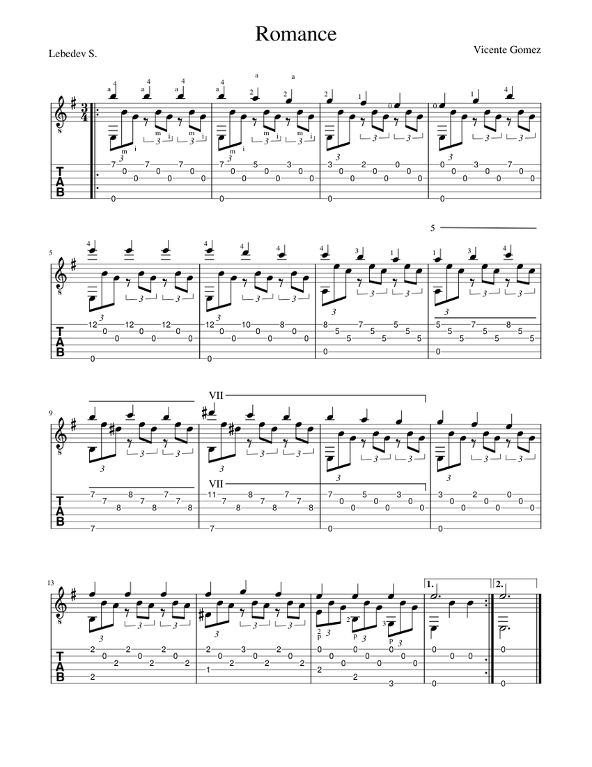 Romance V.Gomez Sheet Music and Tab for Guitar (Solo) | MuseScore.com