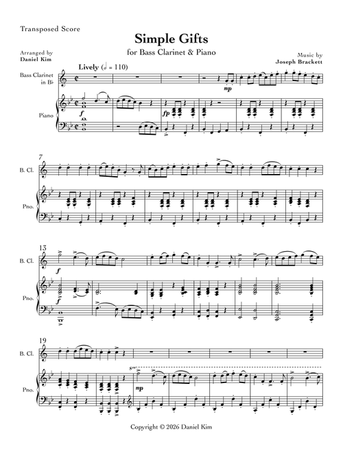 Simple Gifts (Bass Clarinet & Piano) (Arr. Daniel Kim) - Joseph Brackett (Clarinet and Piano)