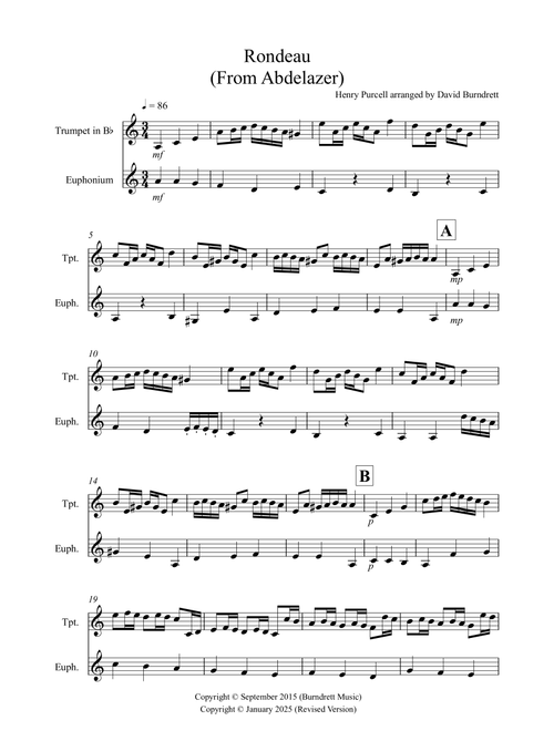 Rondeau (from Abdelazer) for Trumpet and Euphonium Duet (Arr. David Burndrett) - Henry Purcell (Instrumental Duet)