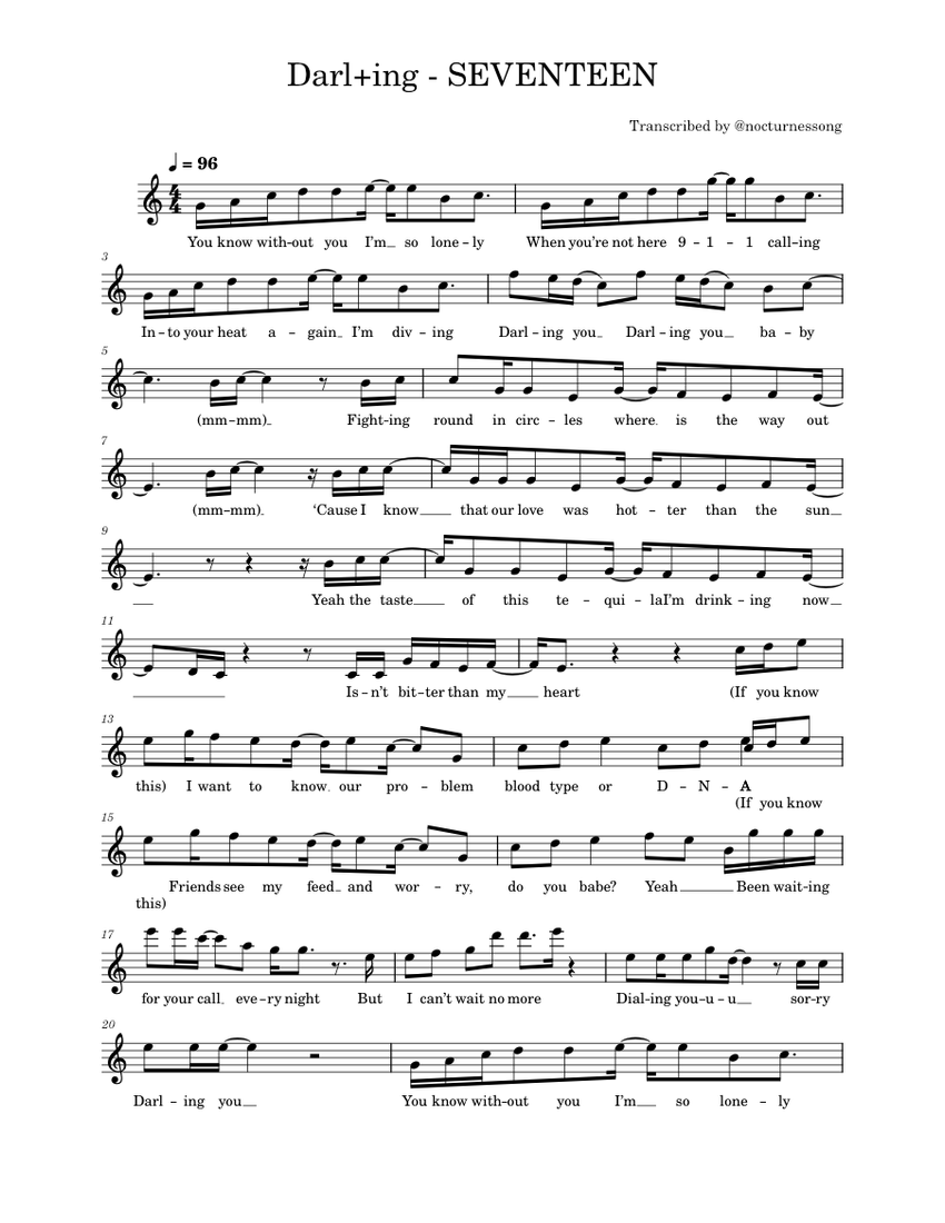 Darl+ing (Darling) - SEVENTEEN Sheet Music for Piano (Solo