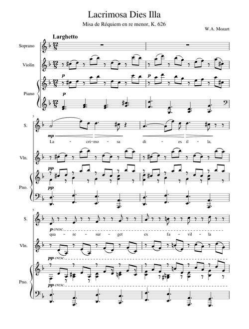Lacrimosa (Requiem - W.A. Mozart) Piano, Violin and Voice