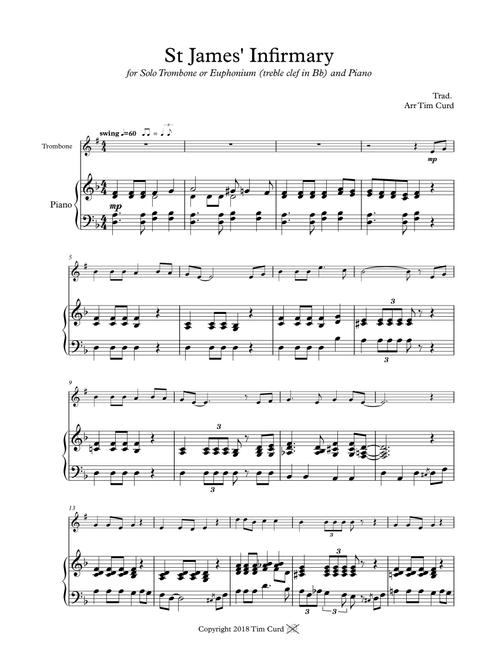 St James' Infirmary. for Trombone or Euphonium ( treble clef in Bb) and Piano. (Arr. Tim Curd.) - trad. (Trombone and Piano)