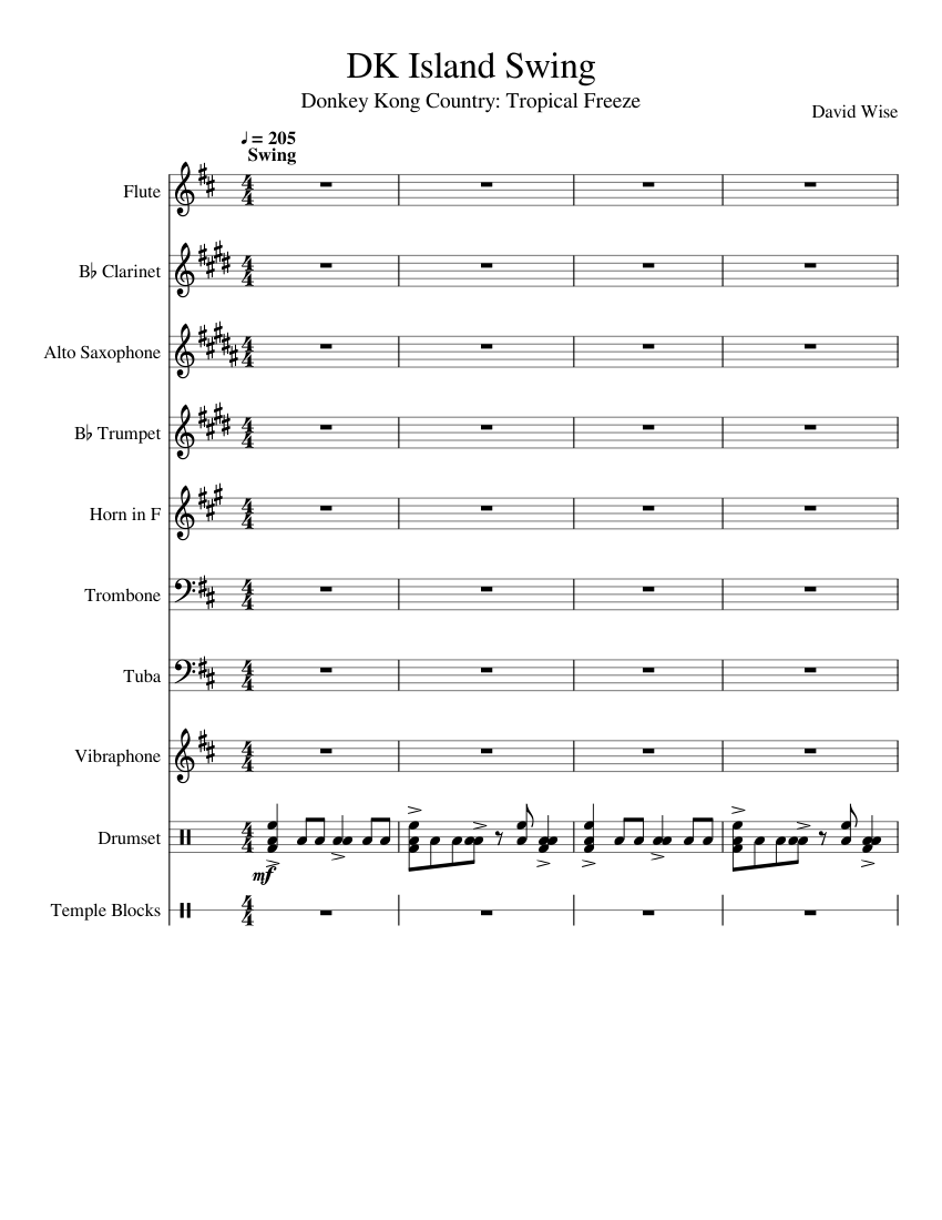 DK Island Swing Sheet Music For Trombone, Tuba, Flute, Clarinet In B ...