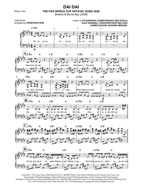 Dai Dai (Arr. Christoph Ohm) - Shakira & Burna Boy (Piano Solo)