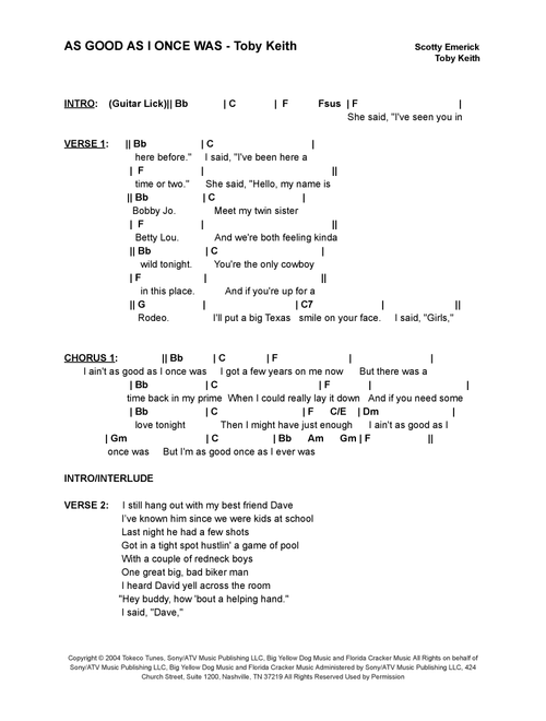 As Good As I Once Was (Arr. Bronson Ferdinand Wright) - Toby Keith (Guitar Chords-Lyrics)