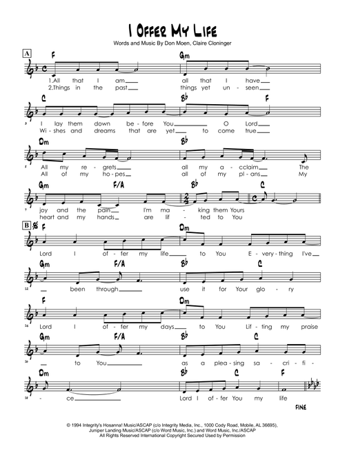 I Offer My Life (Arr. Brian Kim) - Don Moen (Lead Sheet - Fake Book)