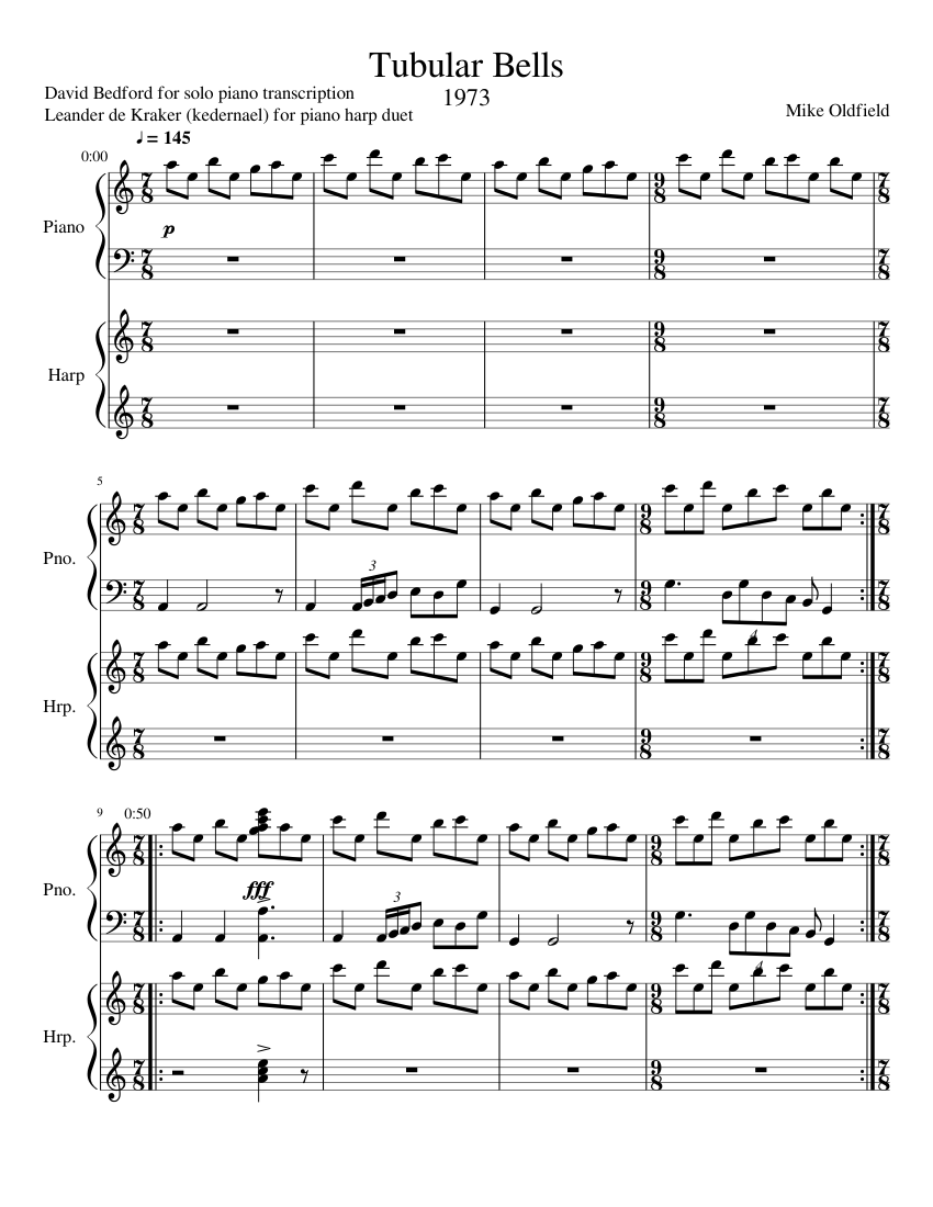 Mike Oldfield - Tubular Bells - piano/harp duet Sheet music for Piano