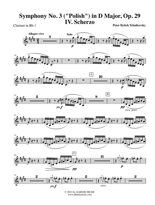 Tchaikovsky Symphony No. 3, Movement IV - Clarinet in Bb 1 (Transposed Part), Op. 29 (Arr. Doug Clyde) - Pyotr Ilyich Tchaikovsky (Clarinet Solo)