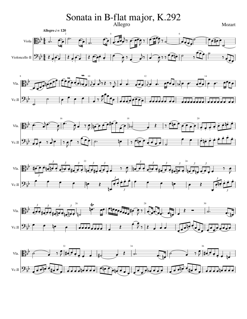 Sonata in B flat major K 292 W.A. Mozart Sheet Music for Viola