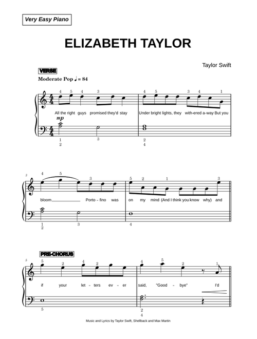 Elizabeth Taylor - Taylor Swift (Very Easy Piano)