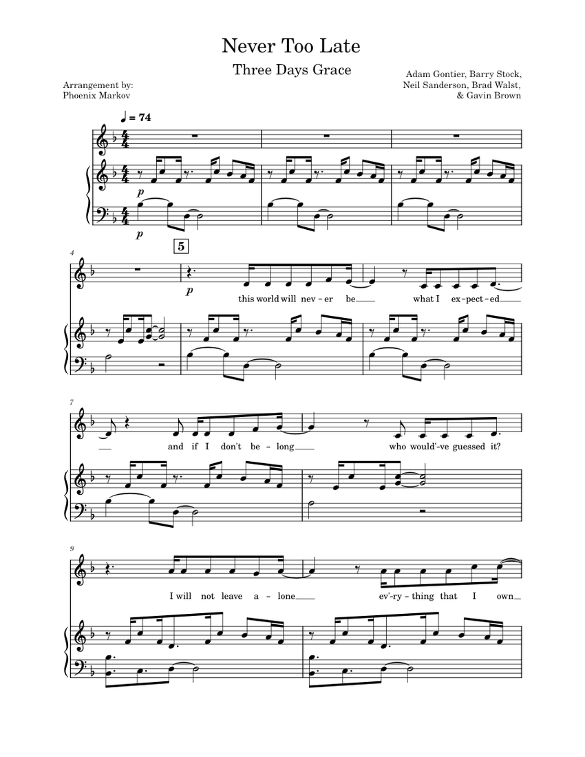 Never too late Three Days Grace Sheet music for Piano, Kazoo (PianoVoice)