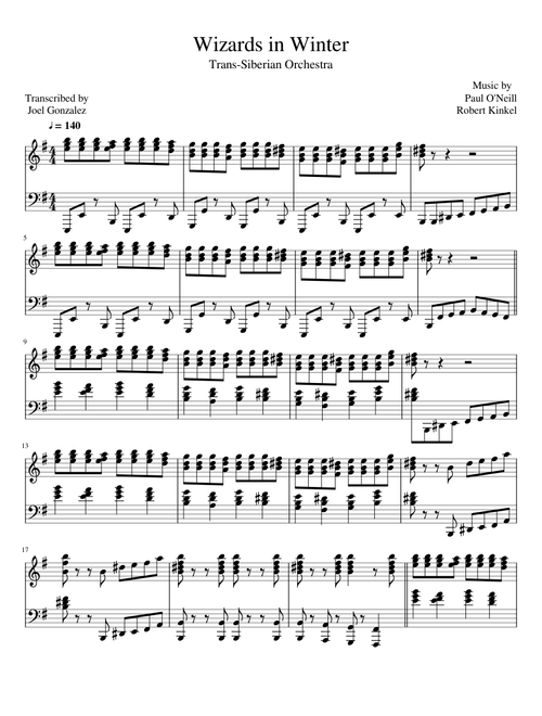 Wizards in Winter:Trans Siberian Orchestra-solo piano