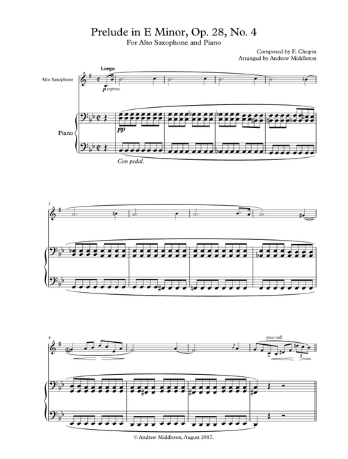 Prelude in E Minor, Op. 28, No. 4 arranged for Alto Saxophone and Piano (Arr. Andrew Middleton) - Frederic Chopin (Alto Sax and Piano)