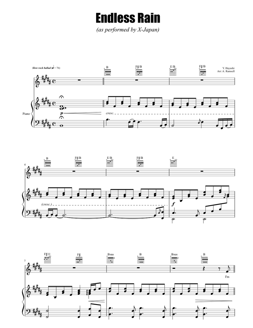 Endless Rain - X Japan Sheet Music for Piano (Piano-Voice
