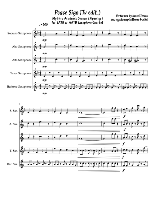 Peace Sign (T.V. Edit.)- Saxophone Quartet Arrangement