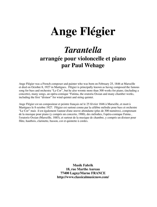 Ange Flégier: Tarantella for cello and piano (Arr. Paul Wehage) (Cello and Piano)