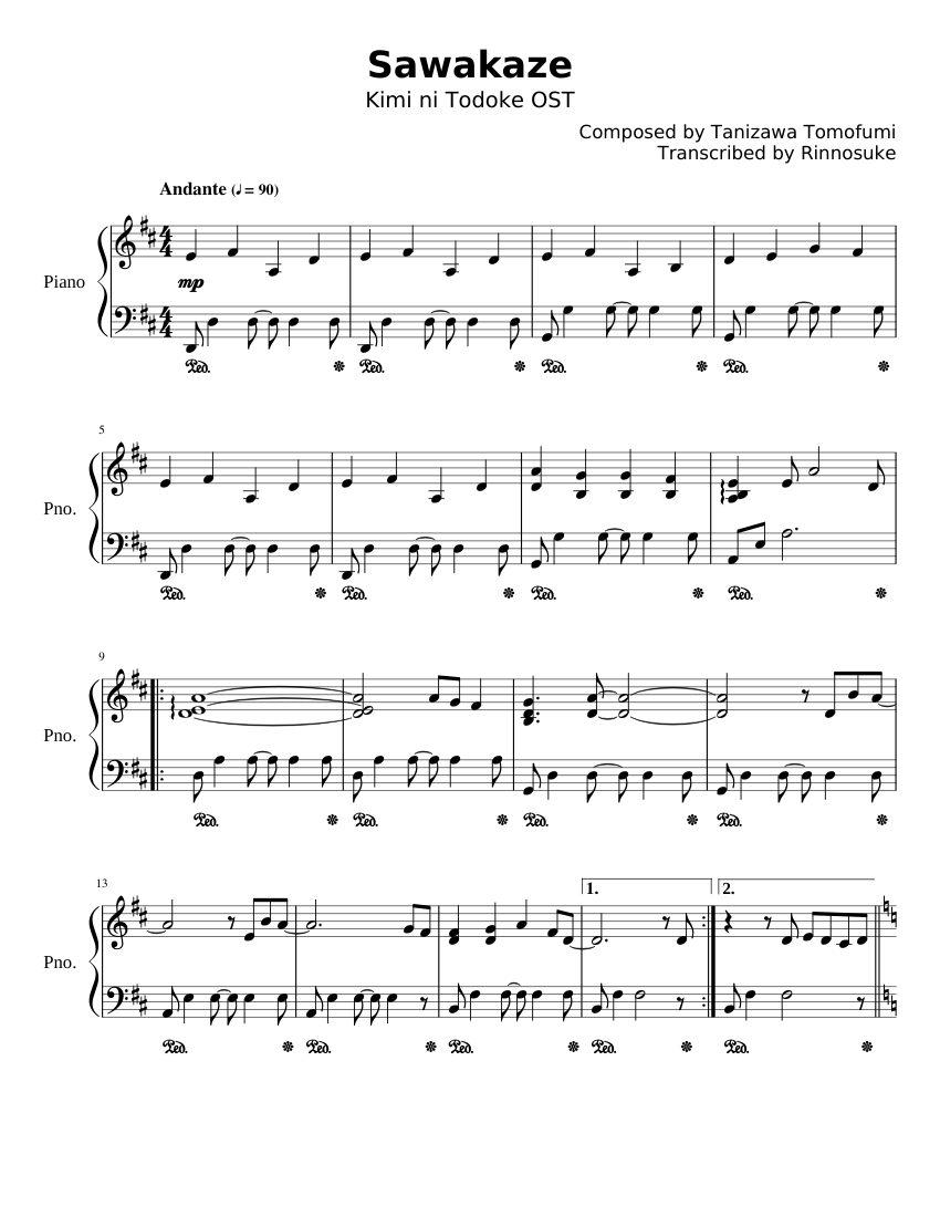 Sawakaze | Kimi ni Todoke S2 ED / OST Sheet Music for Piano (Solo