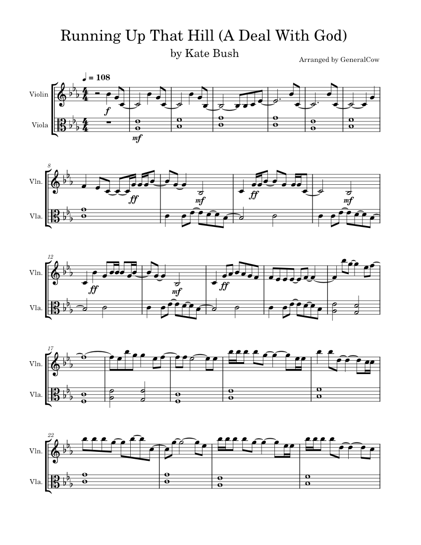 Running up that hill Kate Bush (Violin and Viola Duet) Sheet music