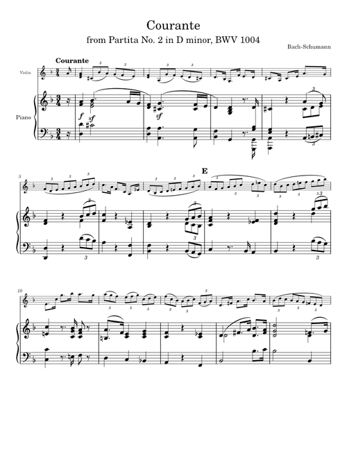 Courante (Corrente) from Partita No. 2 BWV 1004 by Bach-Schumann for Violin and Piano