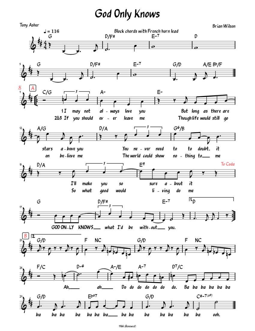 God Only Knows (Lead sheet with lyrics ) Sheet Music for