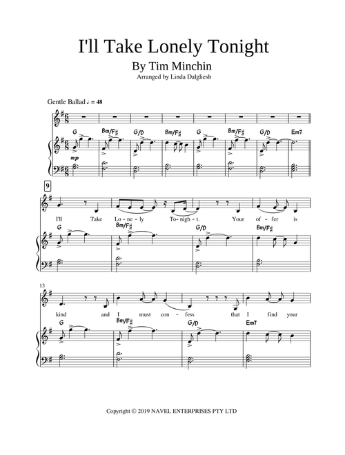 I'll Take Lonely Tonight (Arr. Linda Dalgliesh) - Tim Minchin (Piano Vocal)