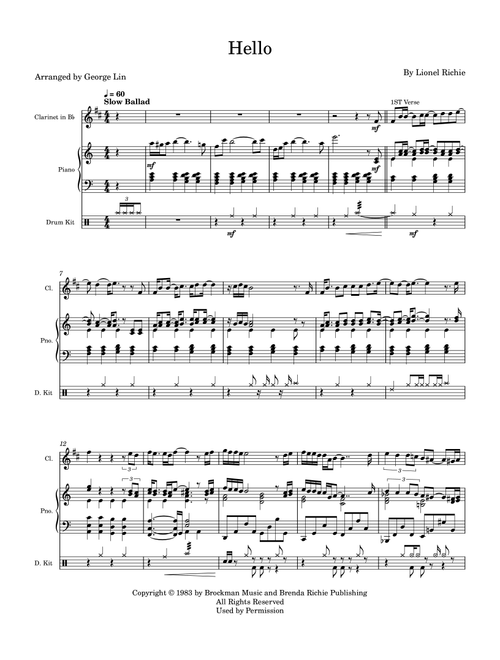 Hello (Arr. George Lin) - Lionel Richie (Clarinet and Piano)