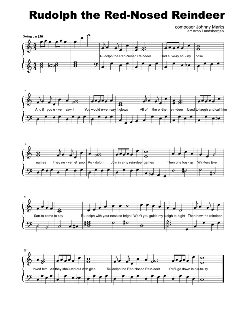 Rudolph the Red-Nosed Reindeer Sheet Music for Piano (Solo) easy ...