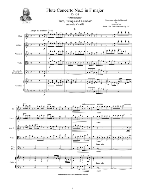 Vivaldi - Flute Concerto No.5 in F major Op.10 RV 434 for Flute, Strings and Cembalo (Arr. Santino Cara) - Vivaldi Antonio (Chamber Orchestra)