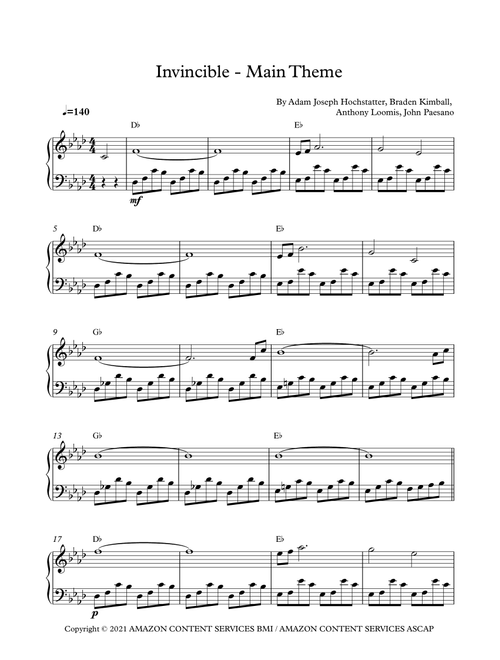 Invincible - Main Title Theme (Arr. Alex Machado) - John Paesano, Braden Kimball, Anthony Loomis (Easy Piano)