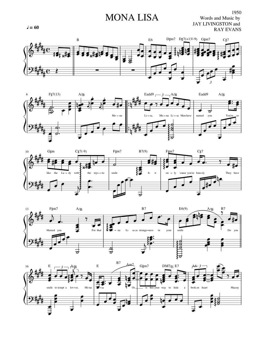 MONA LISA Sheet Music with Chords for Piano (Solo