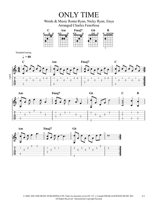 Only Time (Arr. Charles Fenollosa) - Enya (Easy Guitar with TAB)