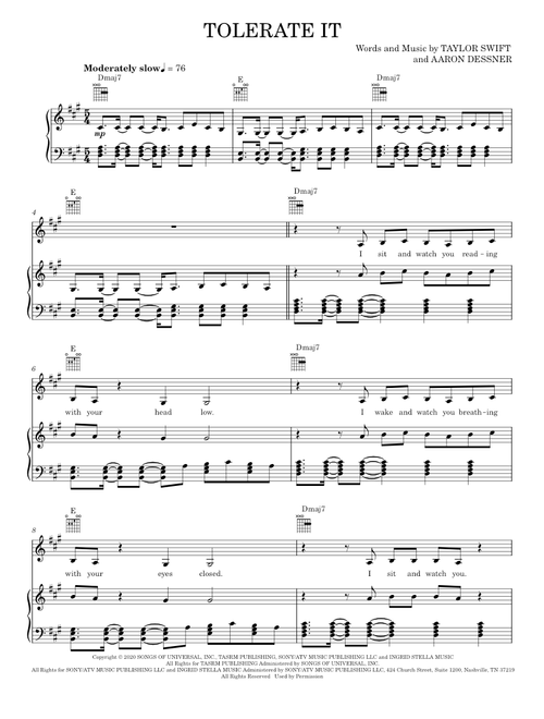 Tolerate it - Taylor Swift (Piano-Vocal-Guitar)
