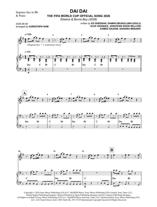 Dai Dai (Arr. Christoph Ohm) - Shakira & Burna Boy (Soprano Sax and Piano)