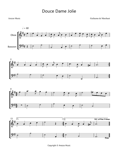 Douce Dame Jolie - Oboe and Bassoon Arrangement (Arr. Arezzo Music) - Guillaume de Machaut (Instrumental Duet)