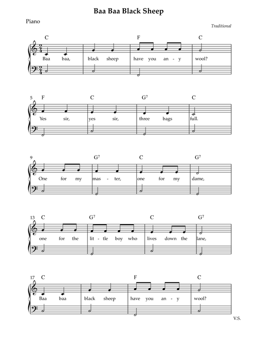 Baa Baa Black Sheep (Easy) (Arr. Wesley S. SIlva) - Traditional (Piano Chords-Lyrics)