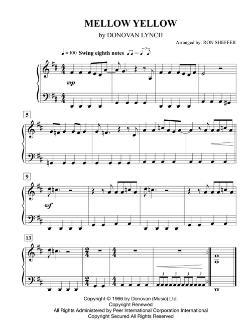 Mellow Yellow (Arr. Ron Sheffer) - Donovan (Easy Piano)