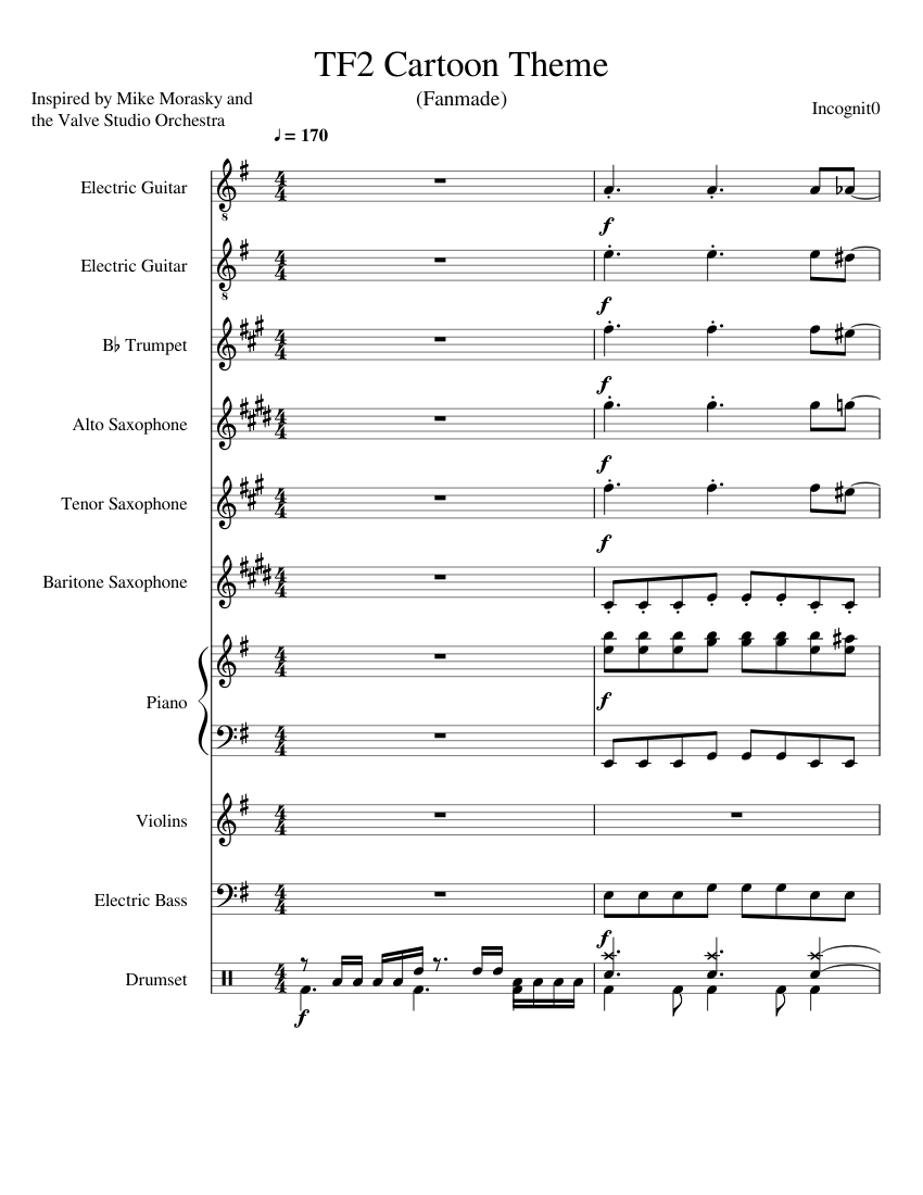 TF2 Cartoon Theme Sheet music for Piano, Saxophone alto, Saxophone tenor,  Saxophone baritone & more instruments (Mixed Ensemble) 