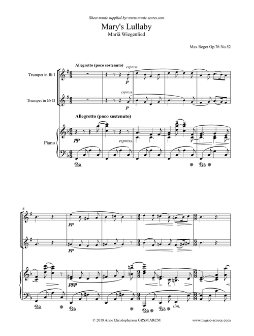 Mary's Lullaby, or Maria Wiegenlied - 2 Trumpets and Piano (Arr. Anne Christopherson GRSM ARCM) - Reger, Max (Trumpet Duet)