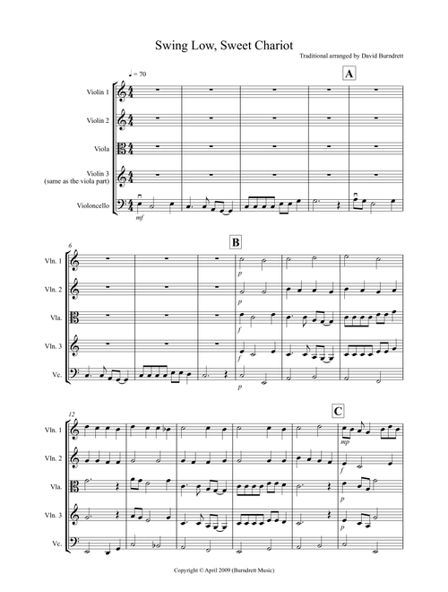 Swing Low, Sweet Chariot for String Quartet (Arr. David Burndrett) - Traditional (String Quartet)
