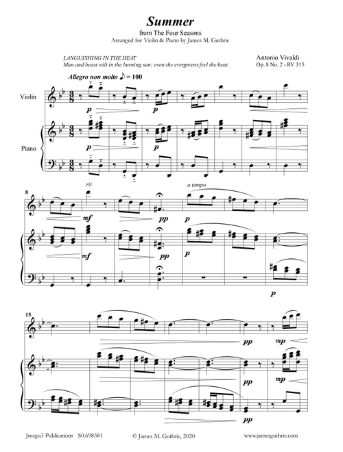 Vivaldi: Summer from the Four Seasons for Violin & Piano (Arr. James M. Guthrie, ASCAP) - Antonio Vivaldi (Violin and Piano)