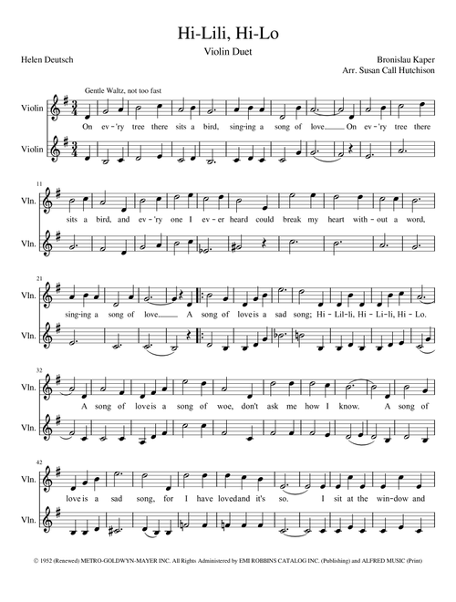 Hi-lili, Hi-lo (Arr. Susan Call Hutchison) - Bronislau Kaper (Violin Duet)