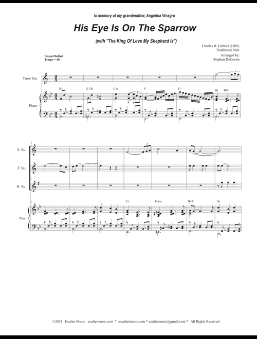 His Eye Is On The Sparrow (with "The King Of Love My Shepherd Is") (Saxophone Quartet and Piano) (Arr. Stephen DeCesare) - Traditional Charles Gabriel (Woodwind Ensemble)